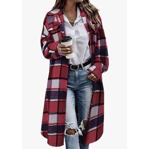 Himosyber Plaid Button Up Long Shacket in Red NWT